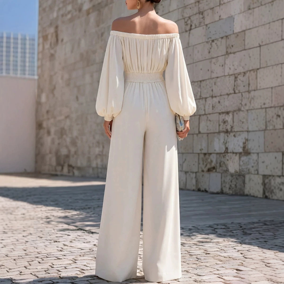 French Off-Shoulder Puff-Sleeve Wide-Leg Jumpsuit with Waist