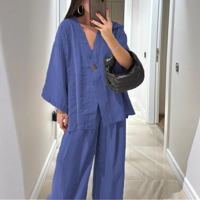 Women's V-Neck Top and Wide-Leg Pants Casual Set