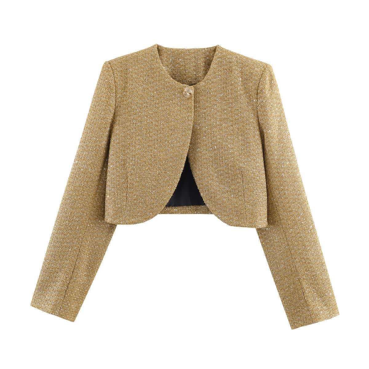 Gold Cropped Tweed Jacket, Elegant Versatile Women's Outerwear