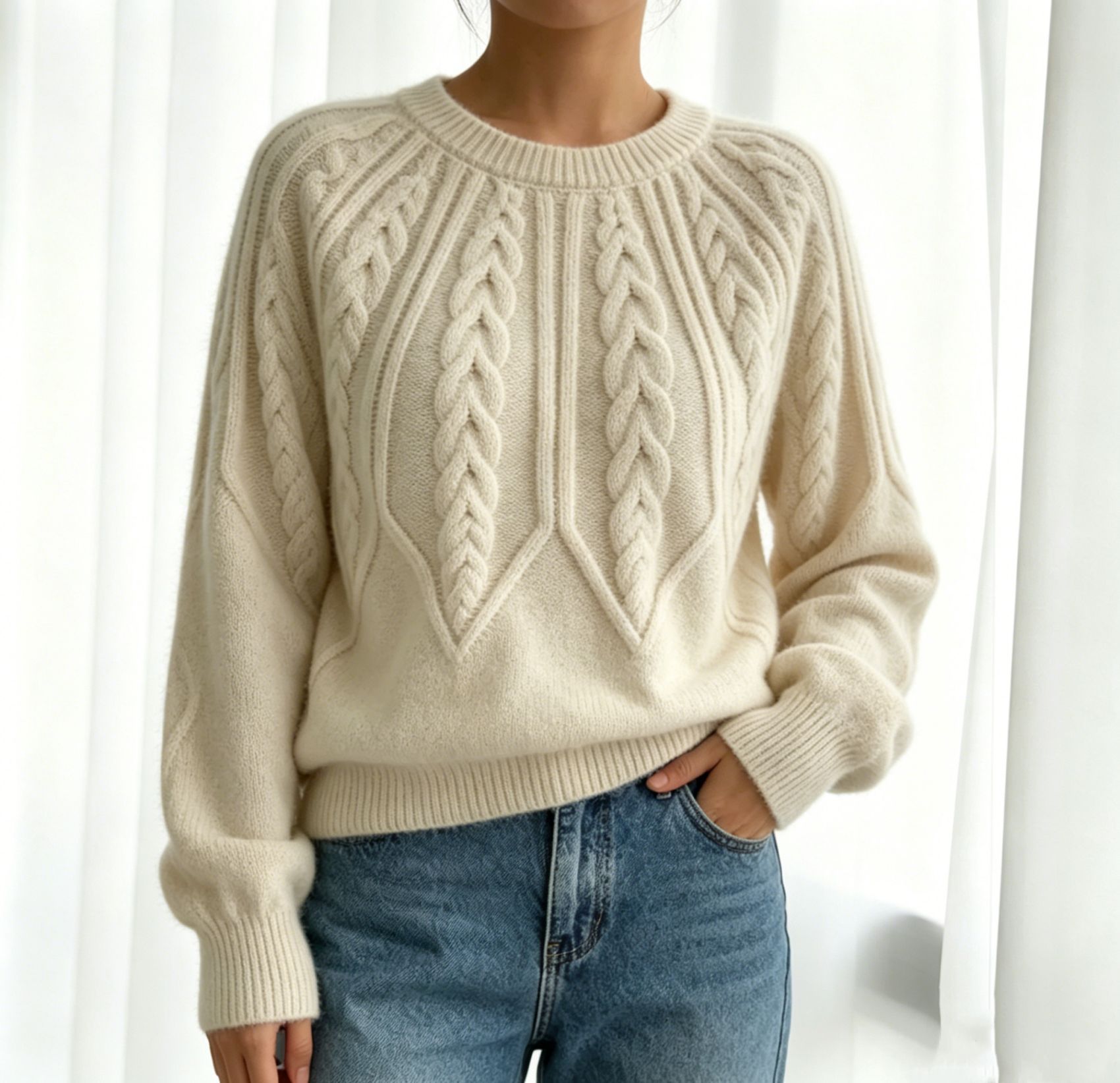 Women's Cable-Knit Crewneck Pullover Sweater Long-Sleeve Solid Color