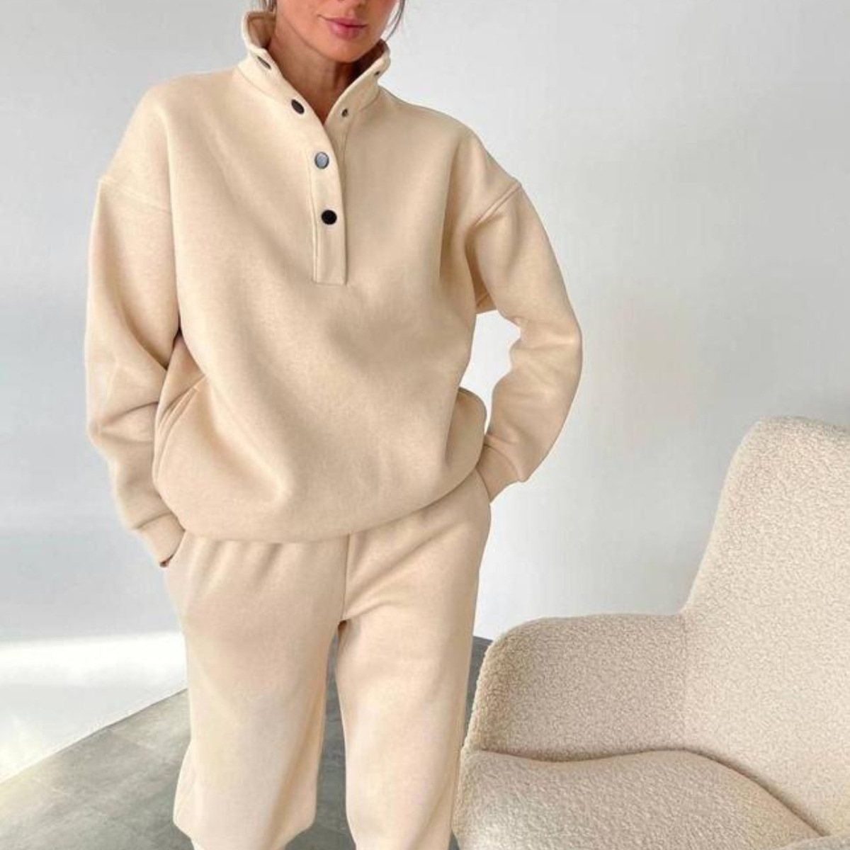 Women's Button Stand Collar Two-Piece Pants Set