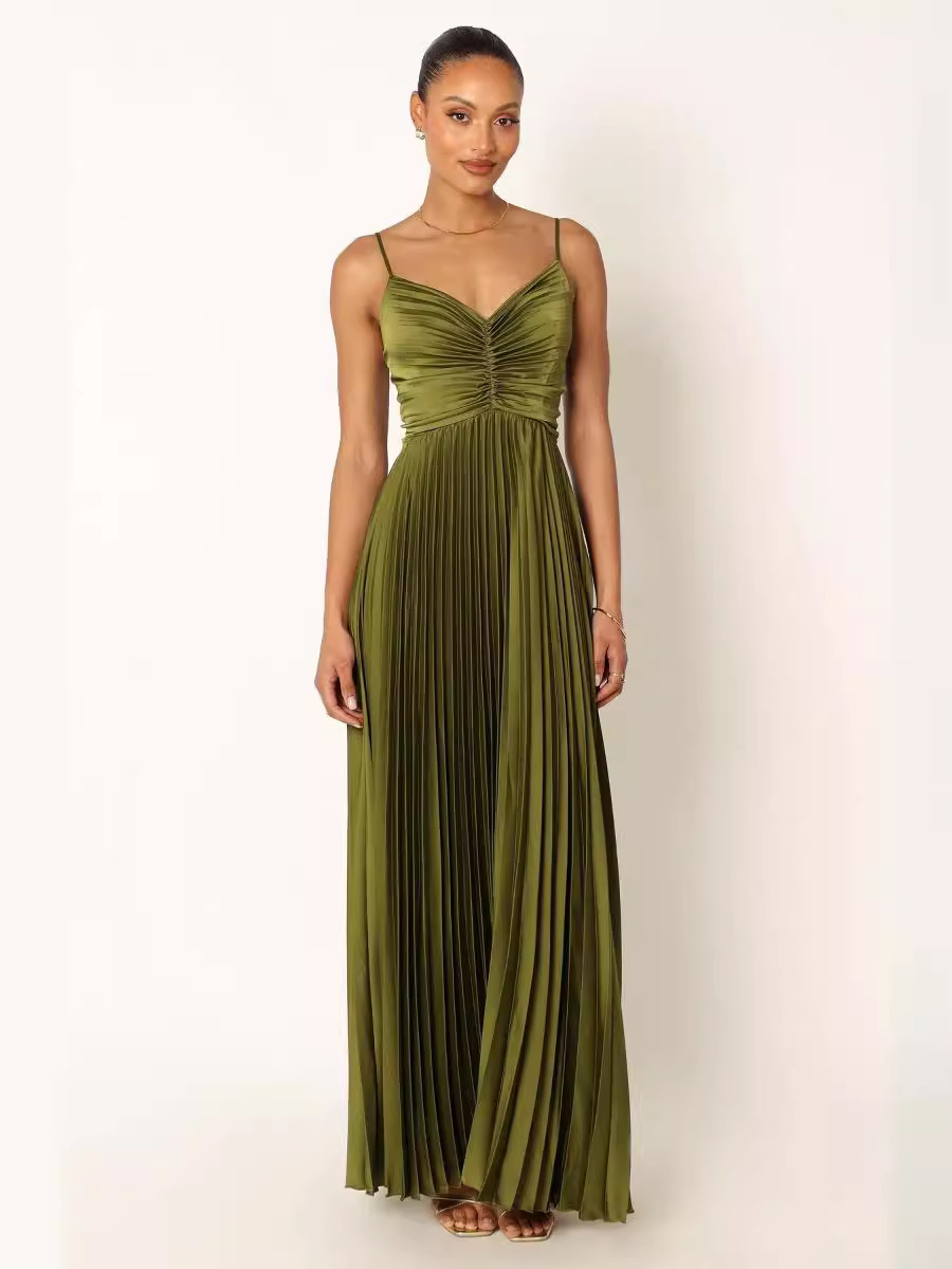 Pleated Sleeveless Backless High-Waist Solid Color Maxi Dress