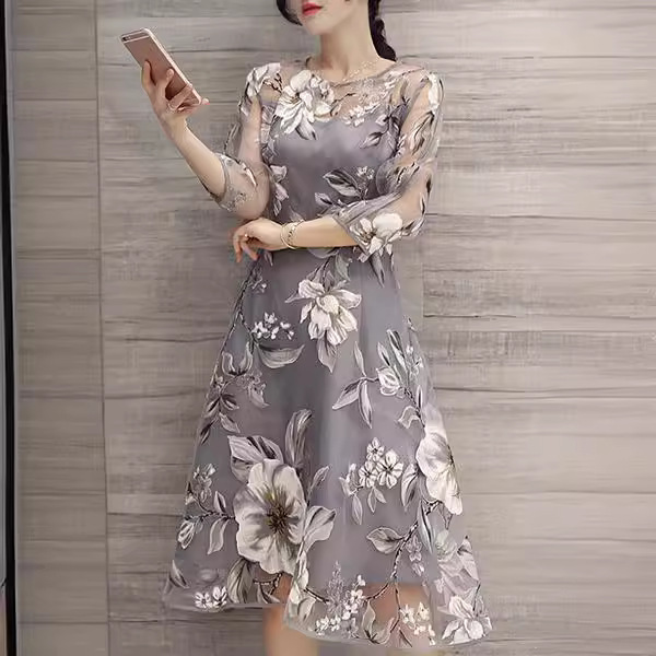 Women's Round Neck Printed Organza Midi Dress with Flared Skirt and Cinched Waist