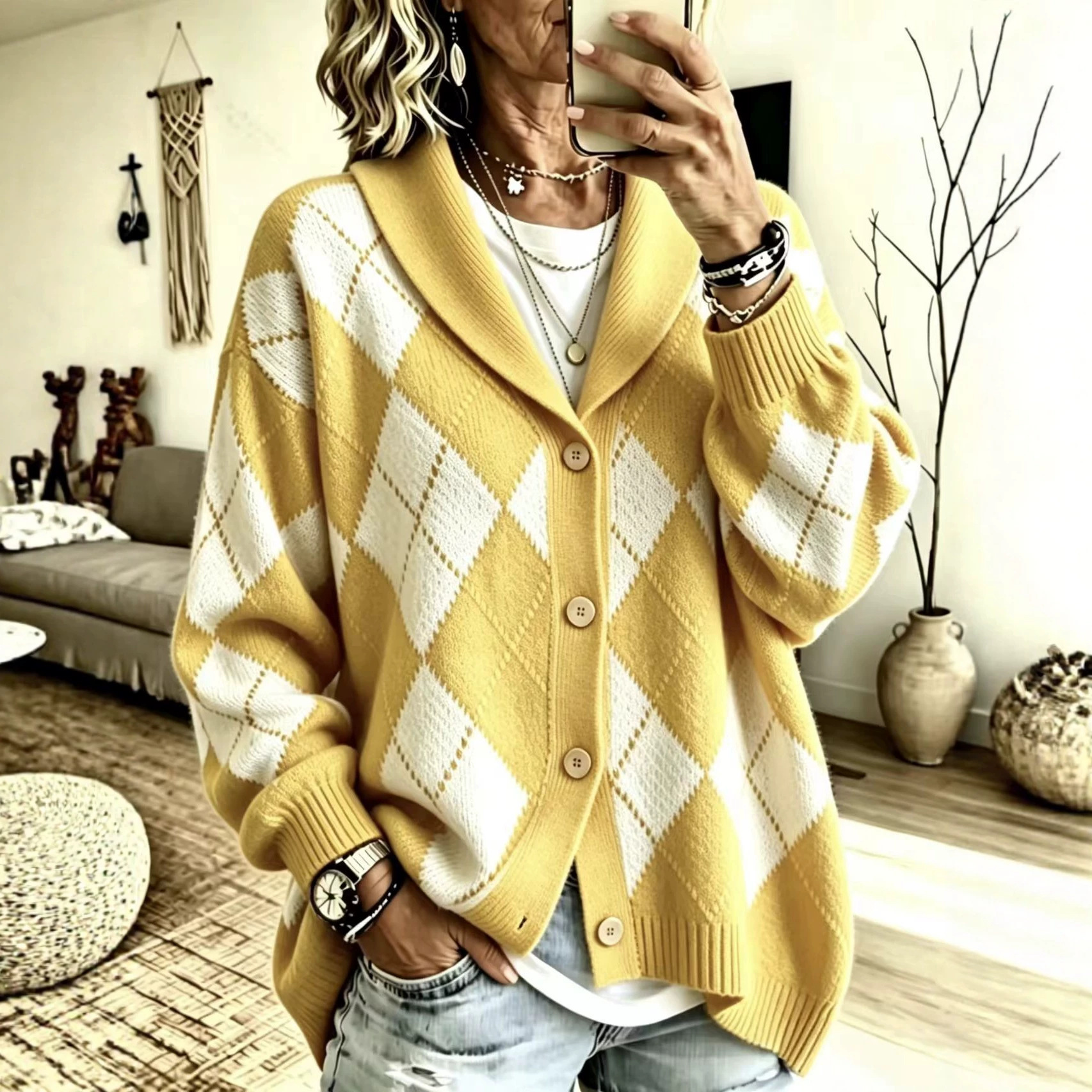 Diamond Plaid Button-Front Cardigan Sweater with Suit Collar
