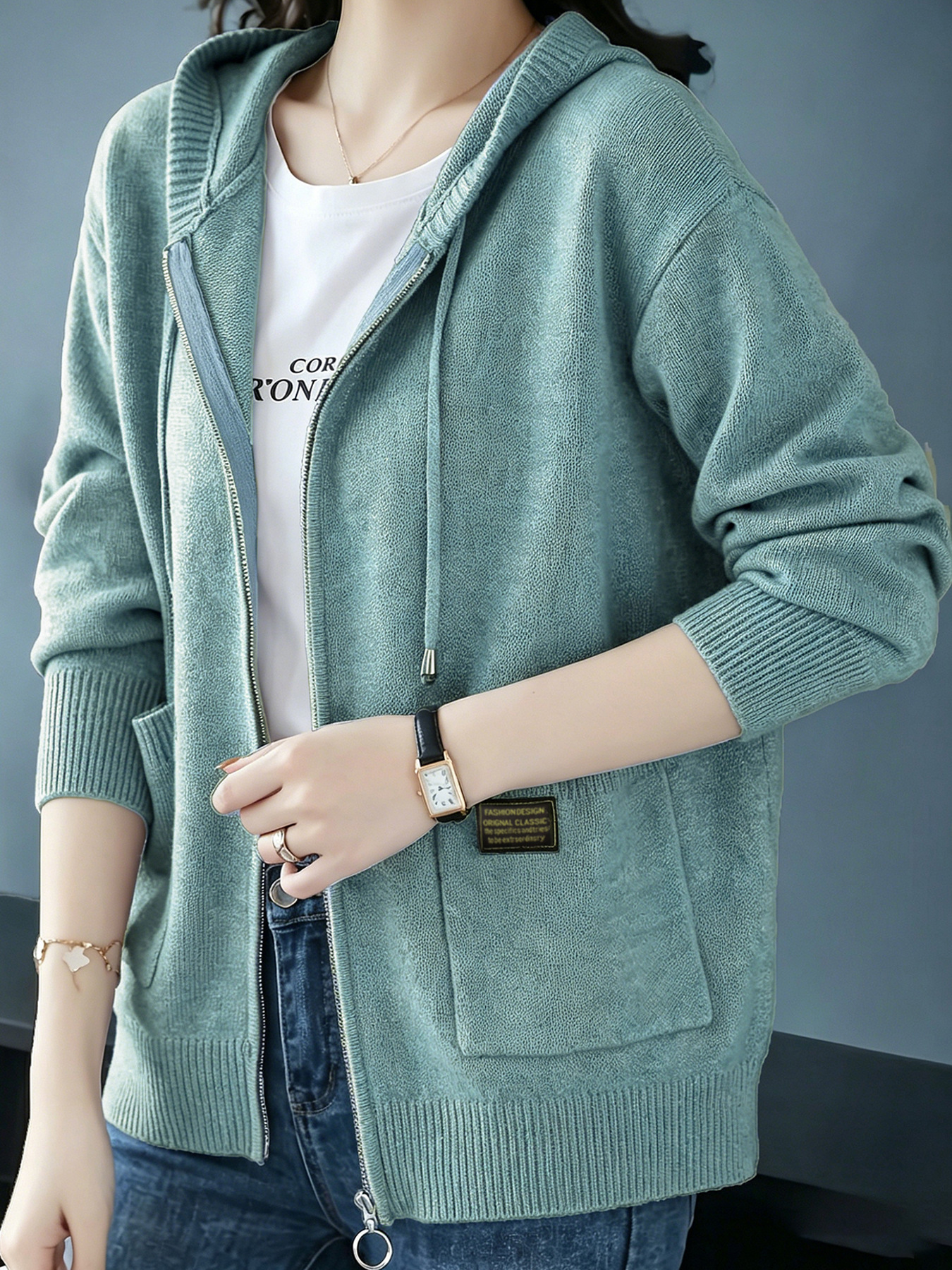 Women's Ribbed Knit Zip-Up Hooded Cardigan with Pockets