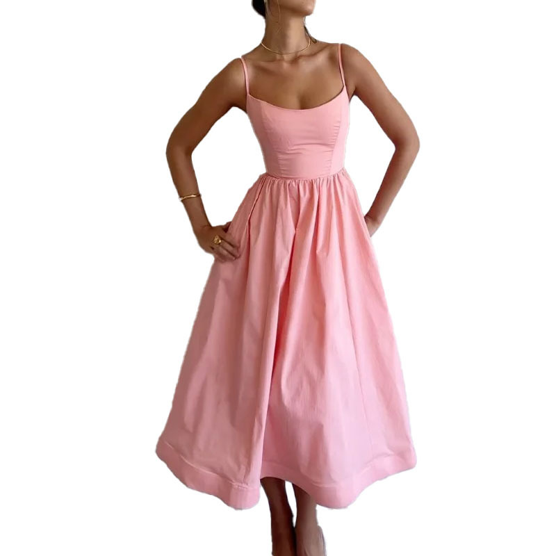 Women's Sleeveless Pleated Fit-and-Flare Cami Dress Solid Color