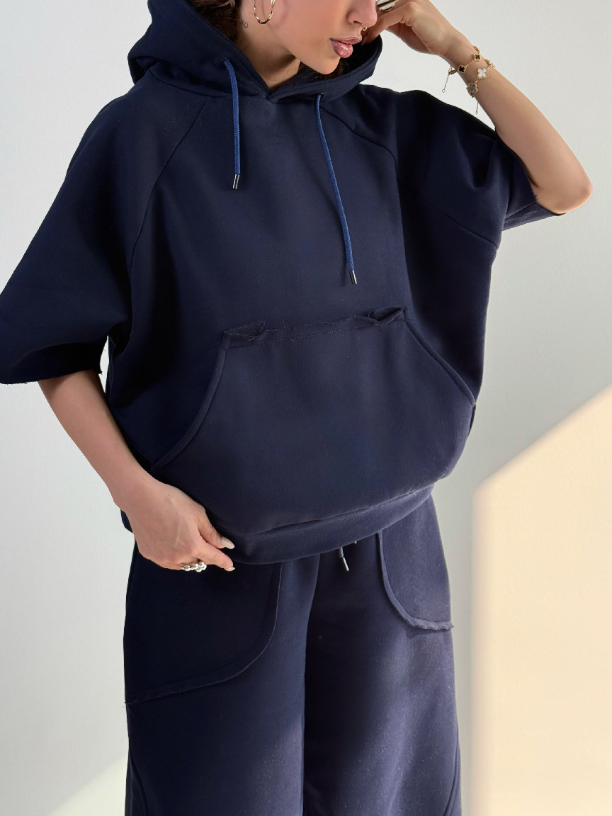 Women's Solid Color Hooded Half-Sleeve Sweatshirt and Pants Set Casual Two-Piece Outfit