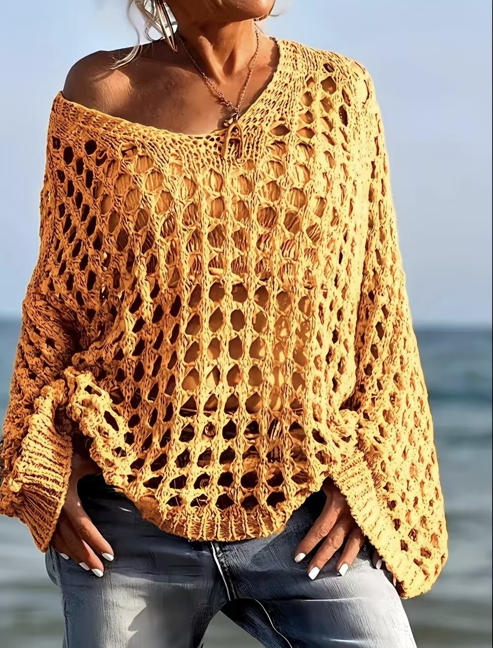 Women's Loose Open-Knit V-Neck Long-Sleeve Top