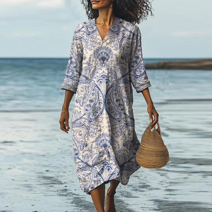 V-Neck Short-Sleeve Printed Midi Dress