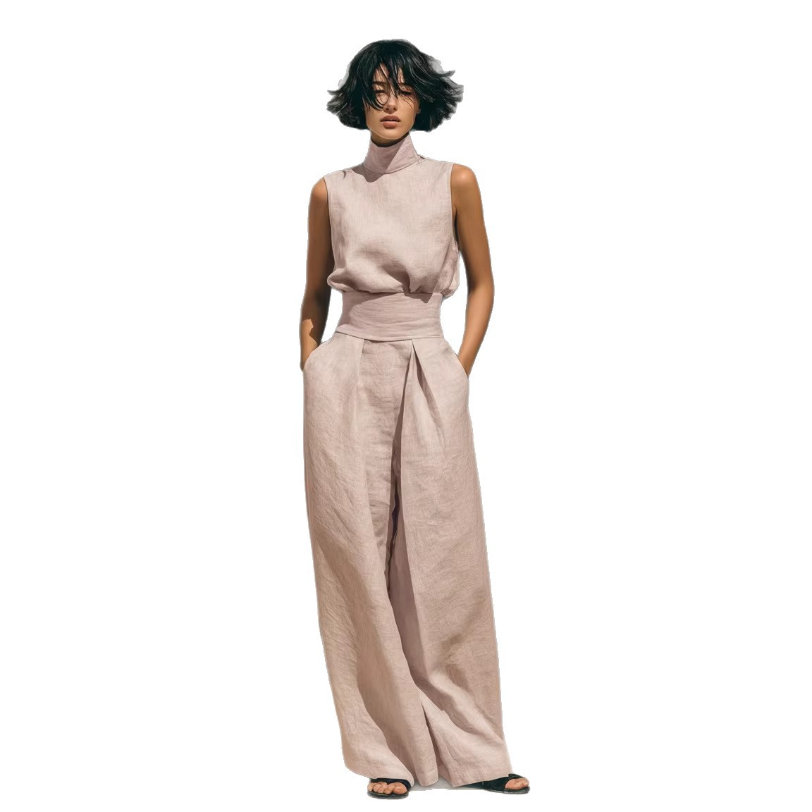 Solid Color Cotton-Linen Blend Sleeveless Top and Wide-Leg Pants Set