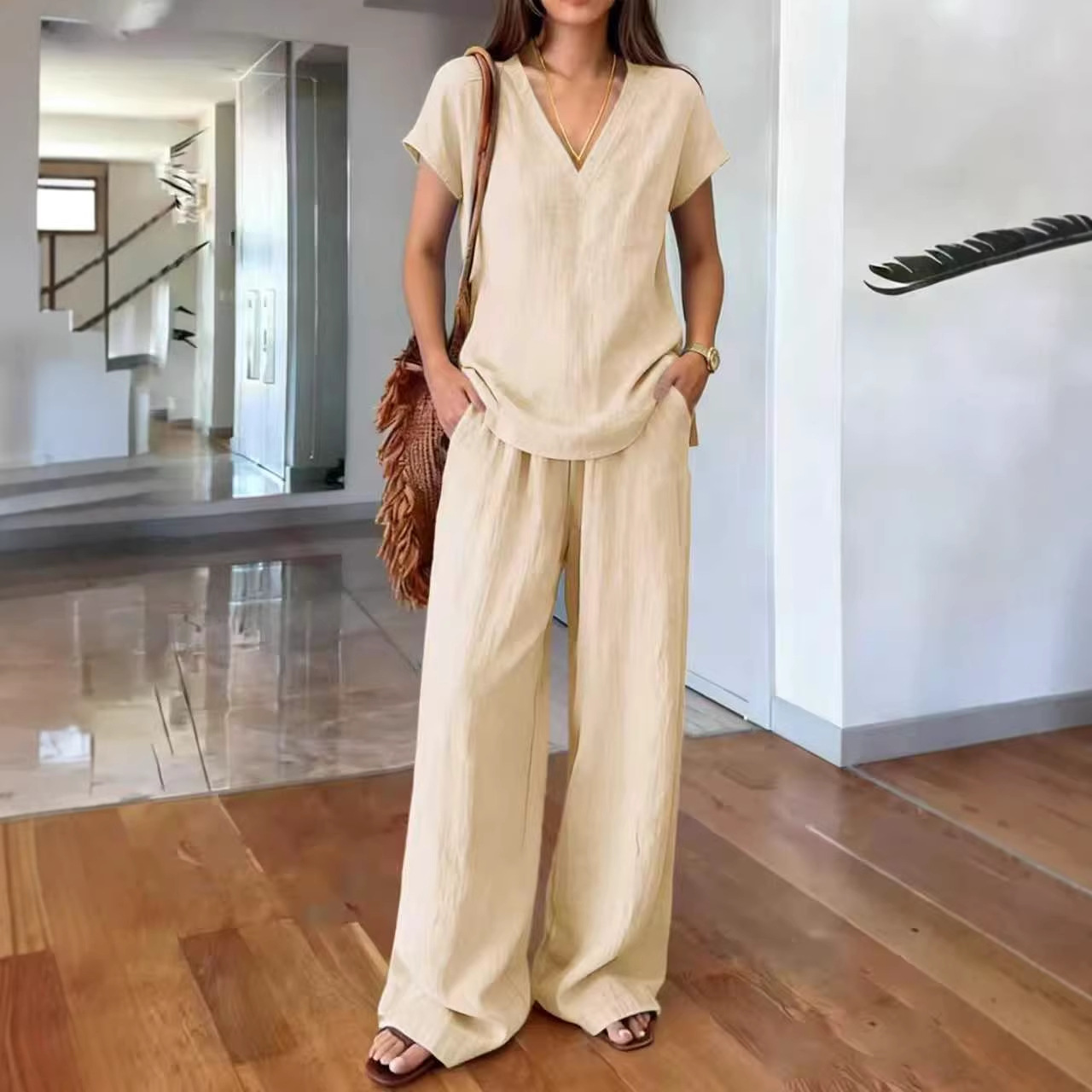 Women's Solid Color Summer Two-Piece Pants Set with T-Shirt