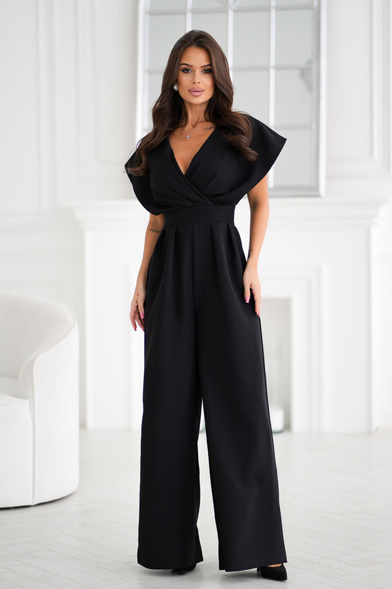 Women's V-Neck Solid Color Waist-Cinched Jumpsuit