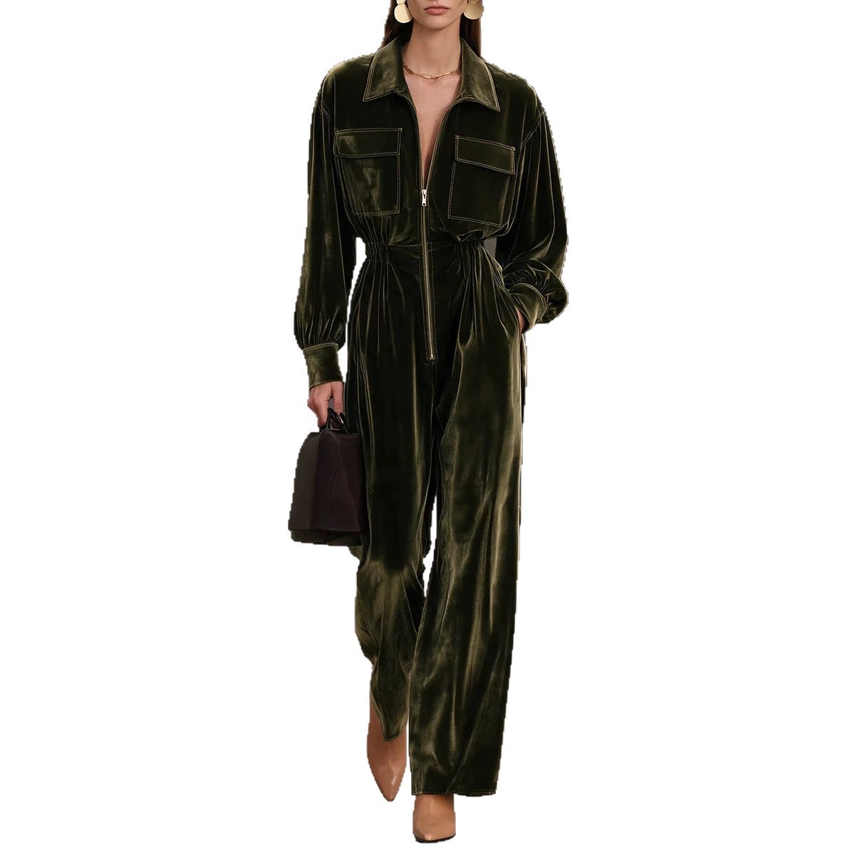 Gold Velvet Jumpsuit with Collar, Lantern Sleeves, Elastic Waist, Wide Leg