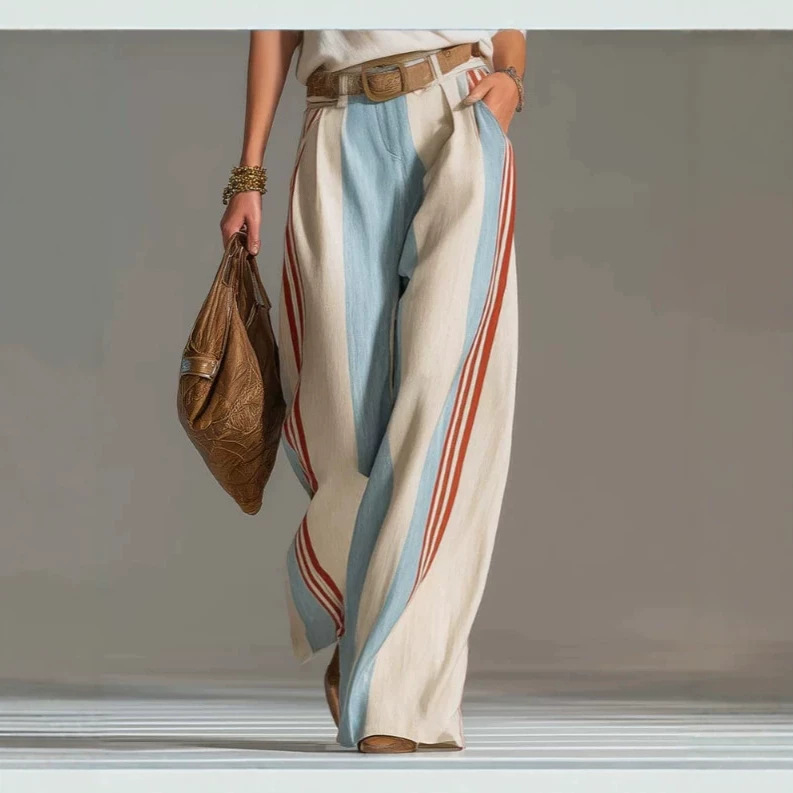 Retro Color-Block Striped Wide-Leg High-Waist Pleated Straight Pants