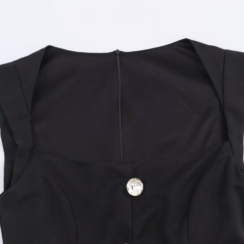 Women's Low Square Neck Sleeveless Slim Fit Short Jumpsuit with Jewel Button Detail