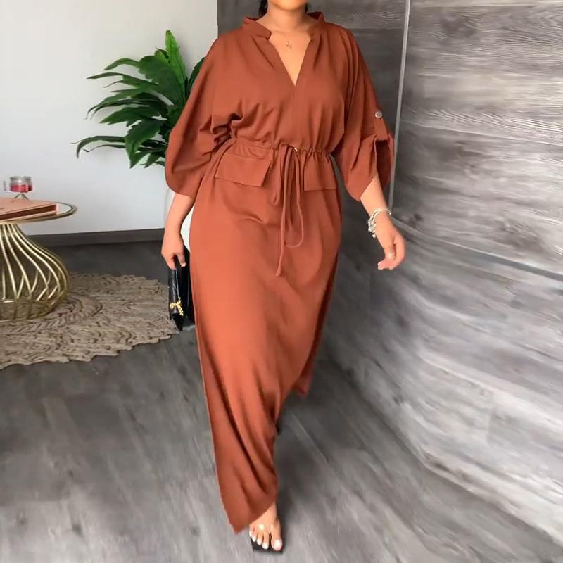 Women's Stand Collar Slit Solid Color Long Dress