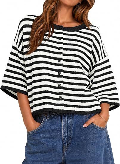 Color-Block Striped Bell-Sleeve Button Cardigan Sweater