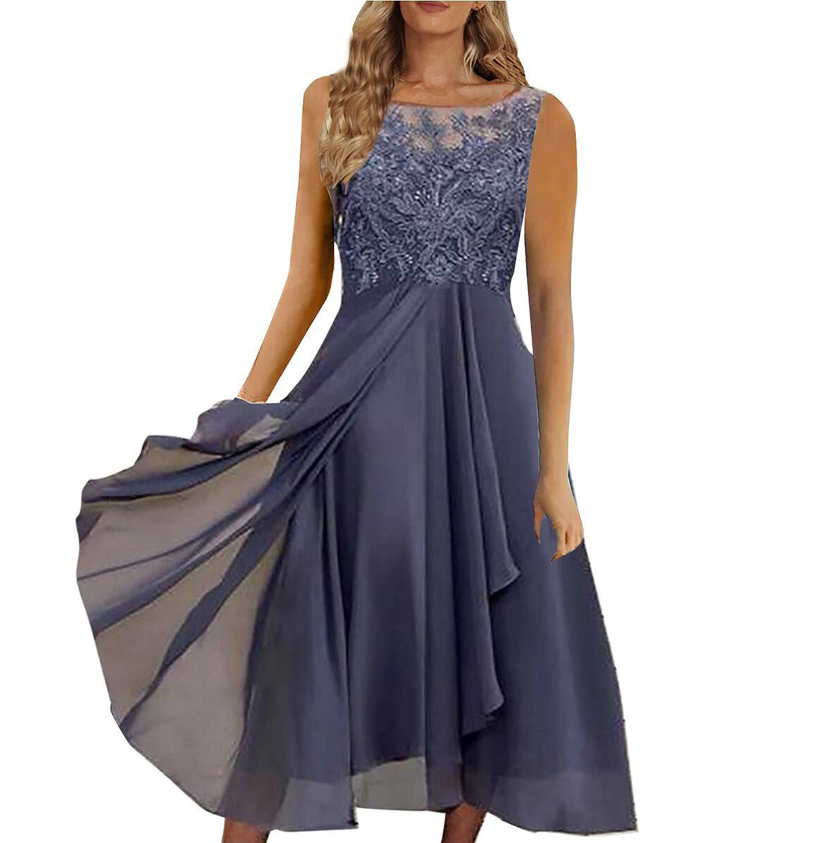 Sweet Lace Hollow Sleeveless Midi Chiffon Dress Bridesmaid