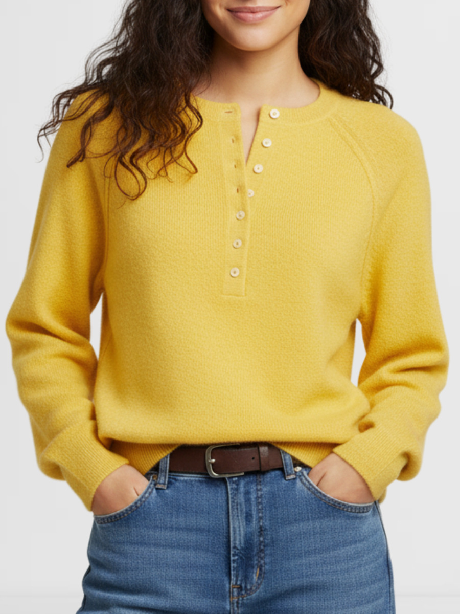 Women's Casual Crewneck Button-Front Knit Henley Sweater