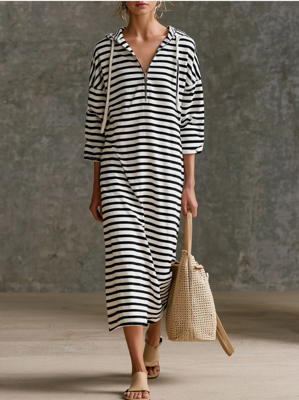 Black and White Striped Hooded Midi Dress Casual Athletic