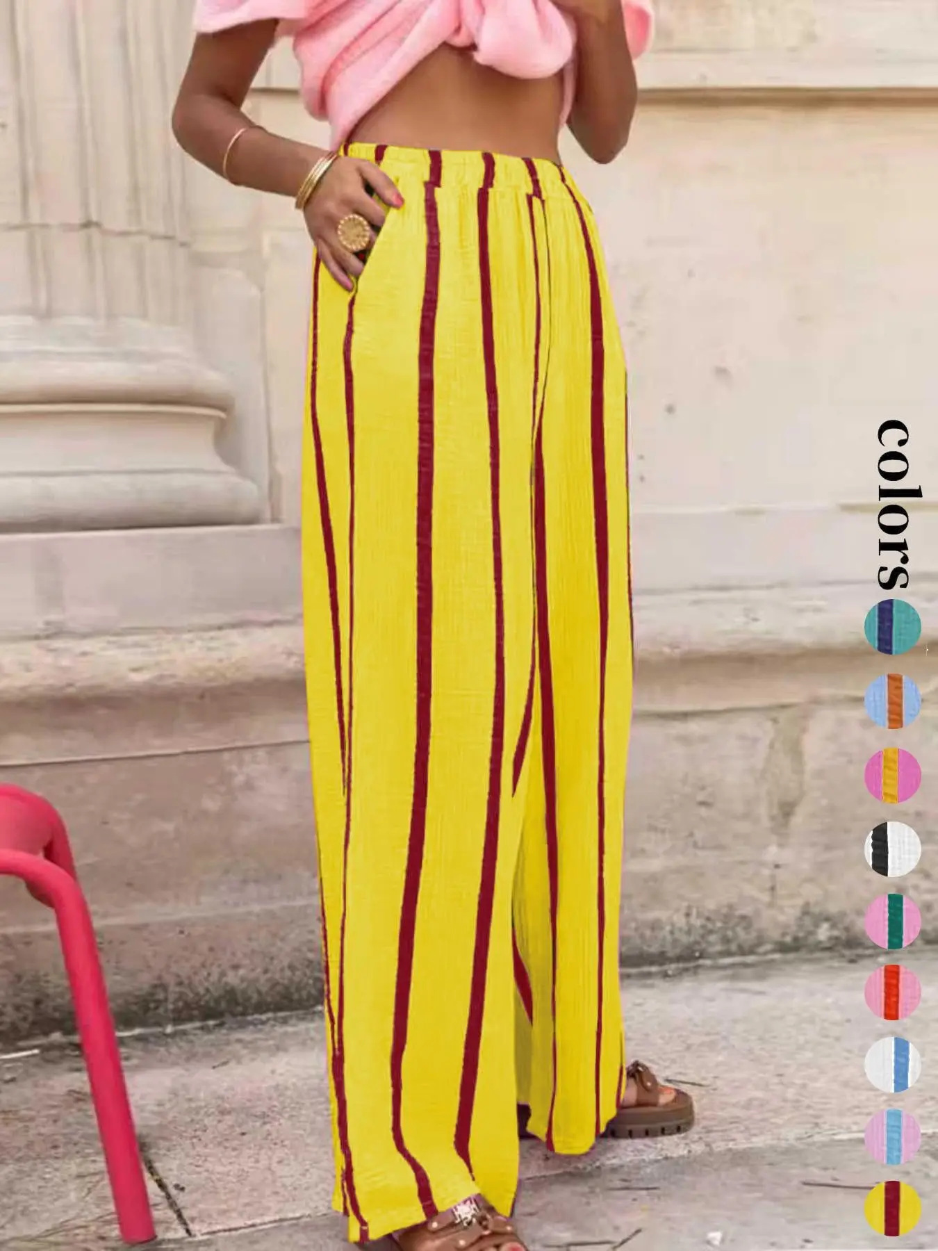 Women's Striped Print Wide-Leg Pants with Side Pockets Casual Comfortable