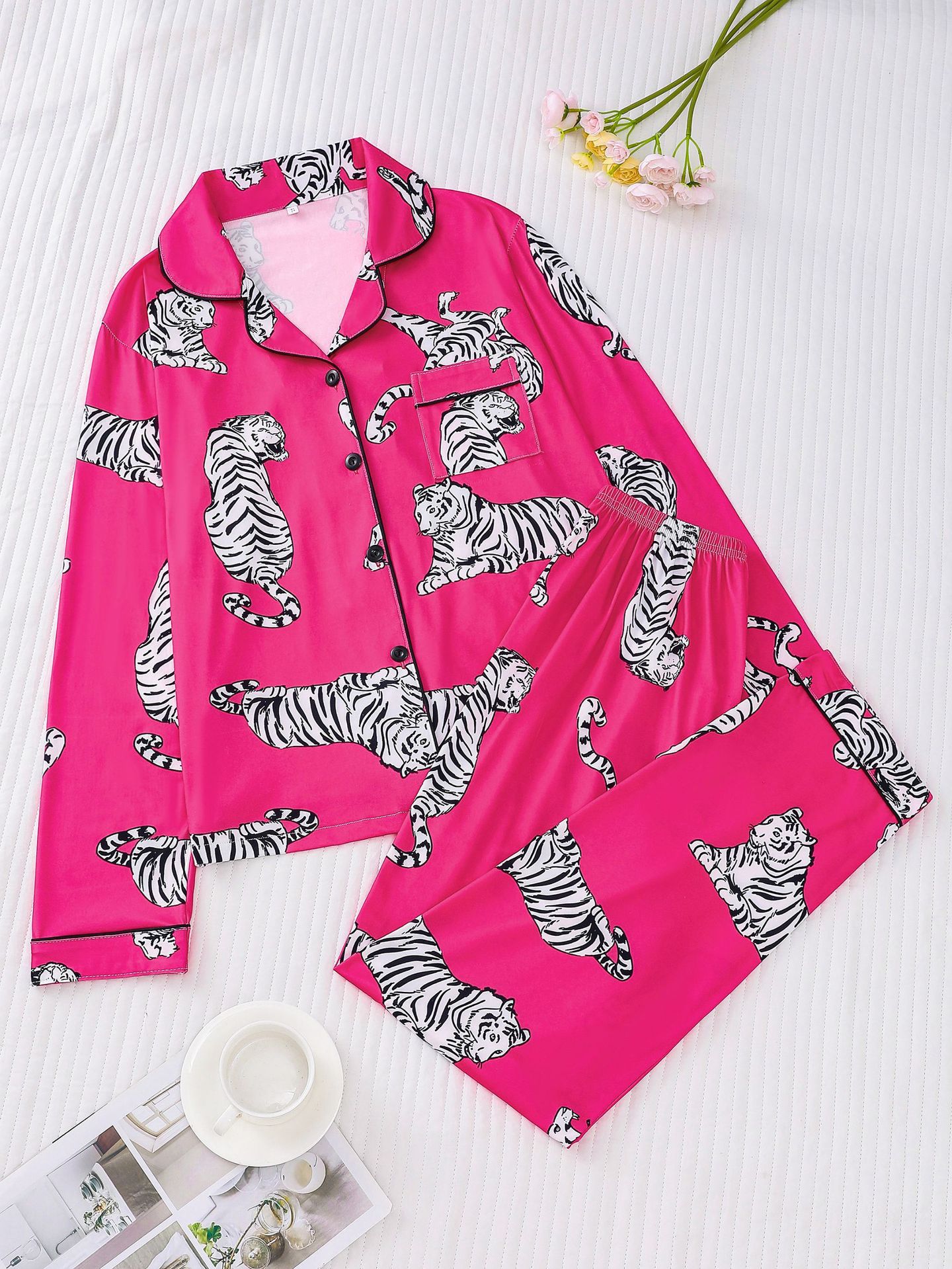 Women's Cuban Collar Leopard Print Long Sleeve Lounge Set
