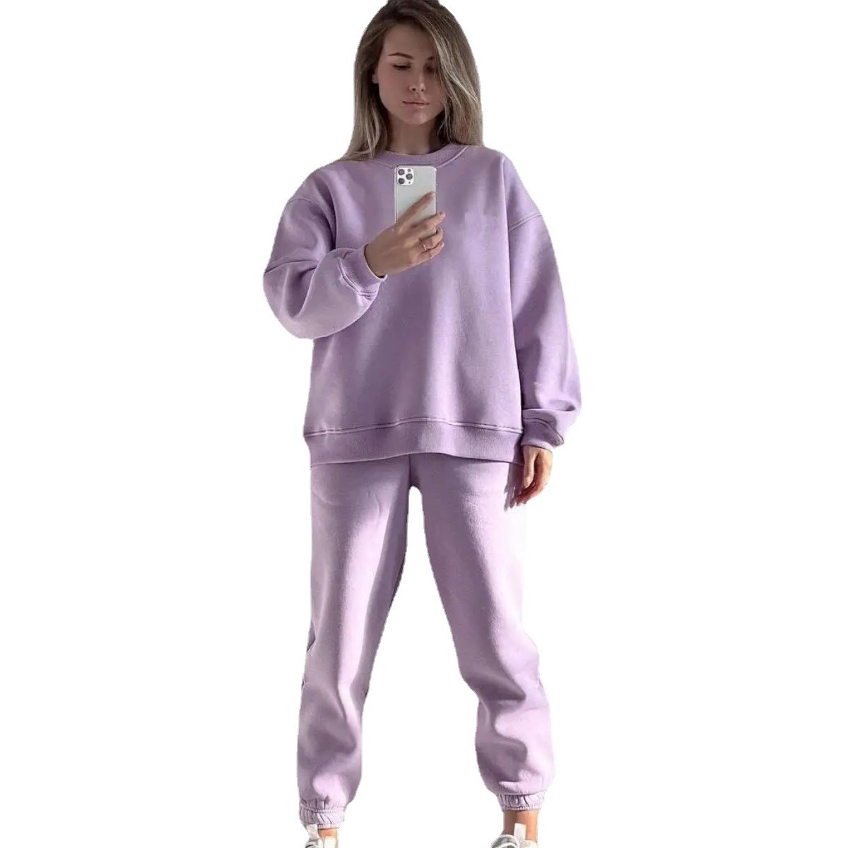 Women's Solid Color Crewneck Sweatshirt and Pants Two-Piece Set