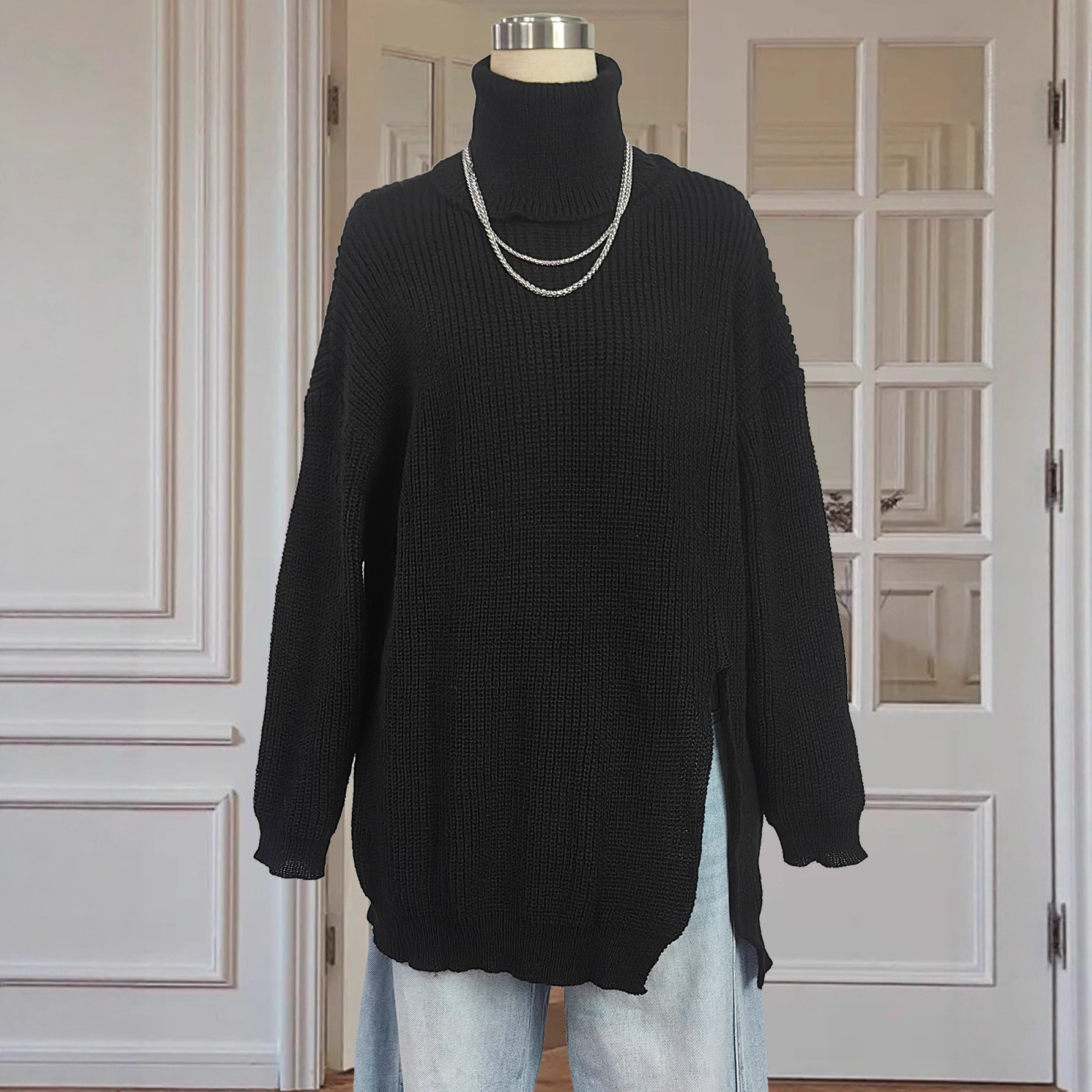 Women's High Neck Slit Tunic Sweater Plus Size Loose Pullover