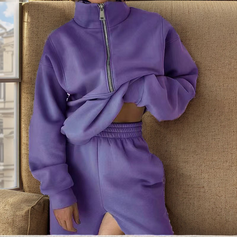 Women's Fleece-Lined Zip-Up Sweatsuit Set Casual Sporty Two-Piece