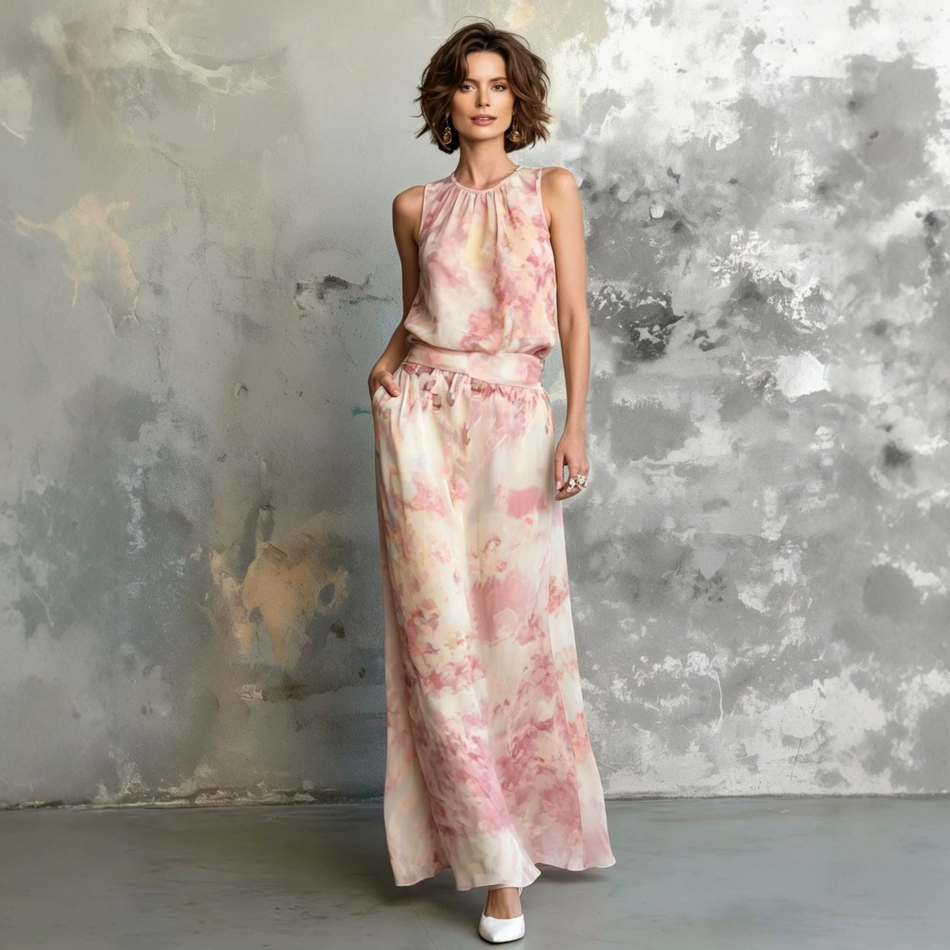 Elegant Floral Print Satin Sleeveless Top and Midi Skirt Set