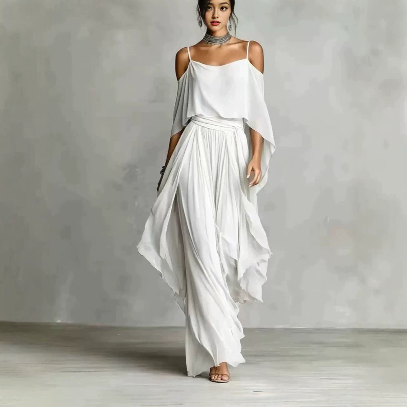 Sleeveless Off-Shoulder Chiffon Top and Asymmetric Pants Set