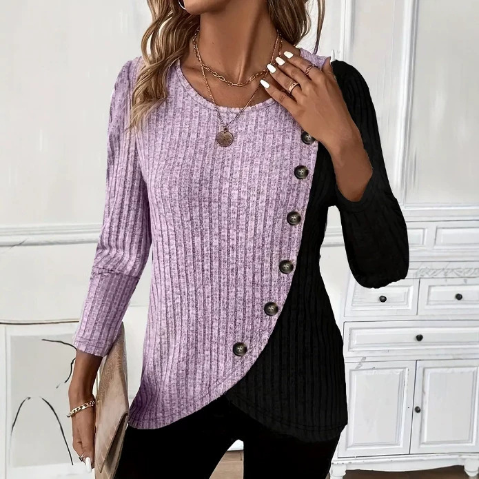 Women's Colorblock Ribbed Knit Long Sleeve Round Neck T-Shirt with Cross Hem