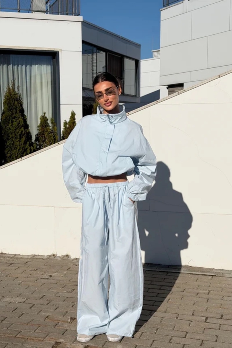 Women's Casual Tracksuit Set with Stand Collar Zip Cardigan and Wide-Leg Pants