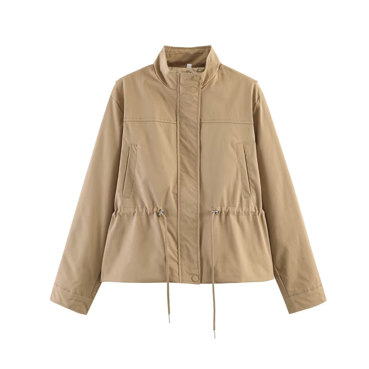 Women's Drawstring Waist Stand Collar Zip Jacket Casual Loose Fit