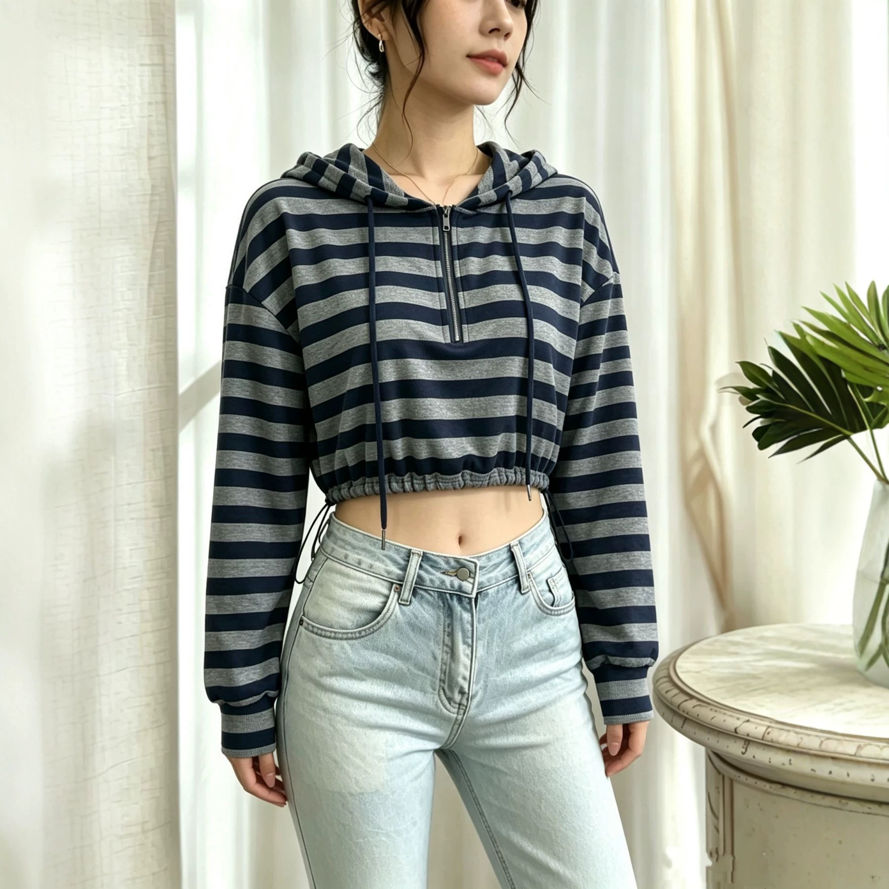 Half-Zip Hooded Drawstring Sweatshirt Zebra Print Cropped Fit