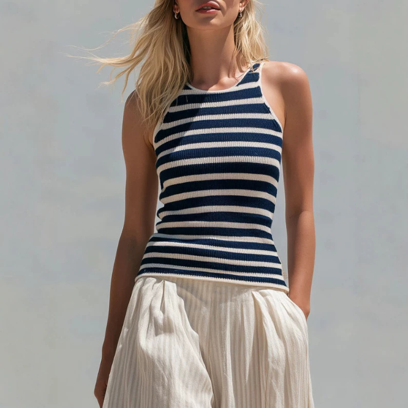 Women's Casual Retro Blue Striped Knit Vest & Beige Cotton-Linen Pants Set