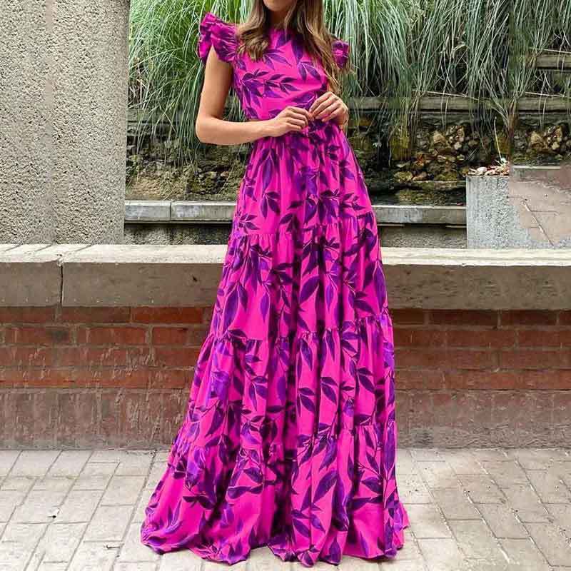 Floral Print Flutter Sleeve Ruffle Maxi Dress