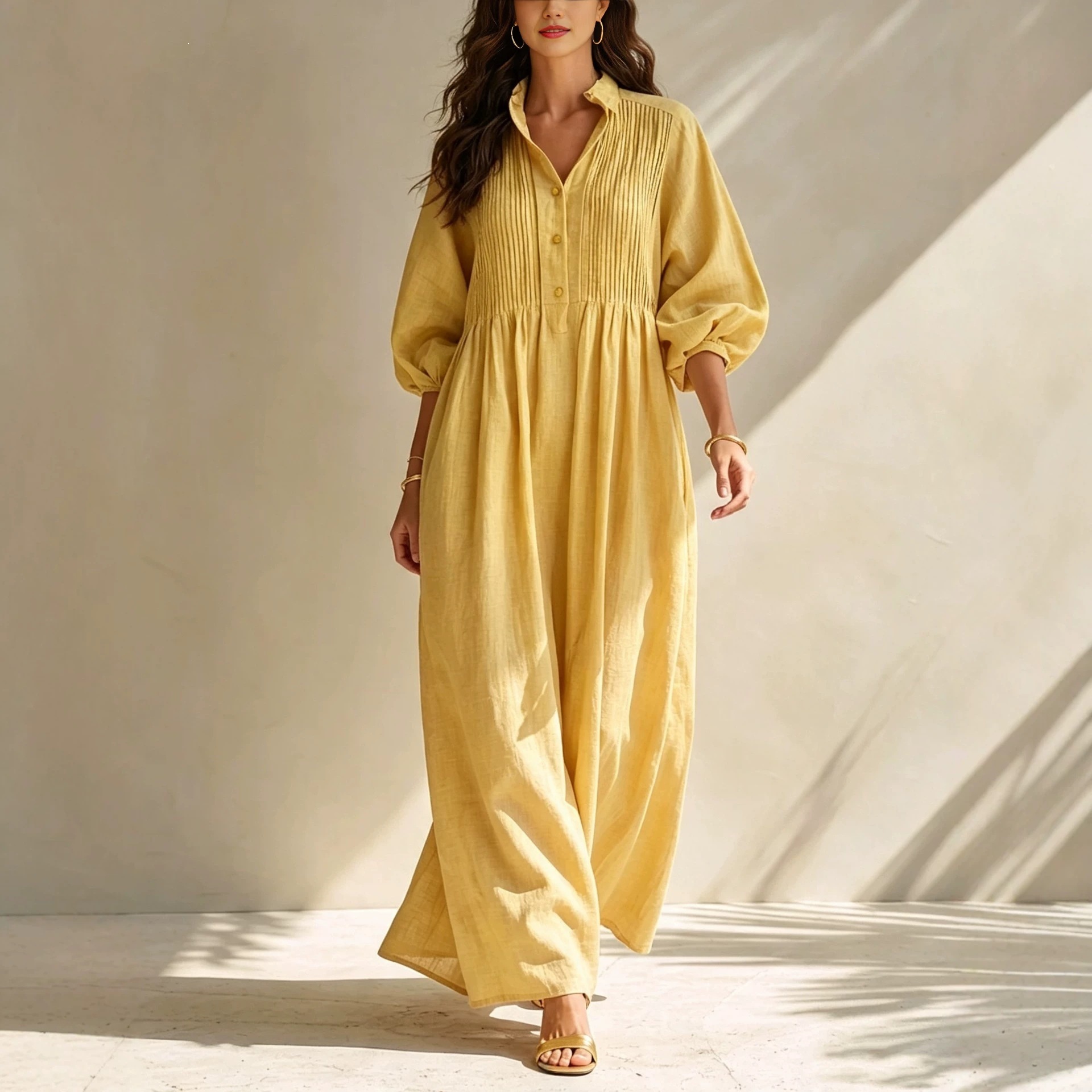 Linen-Blend Long Sleeve Shirt Dress Women's Loose A-Line Midi Bubble Sleeve Solid