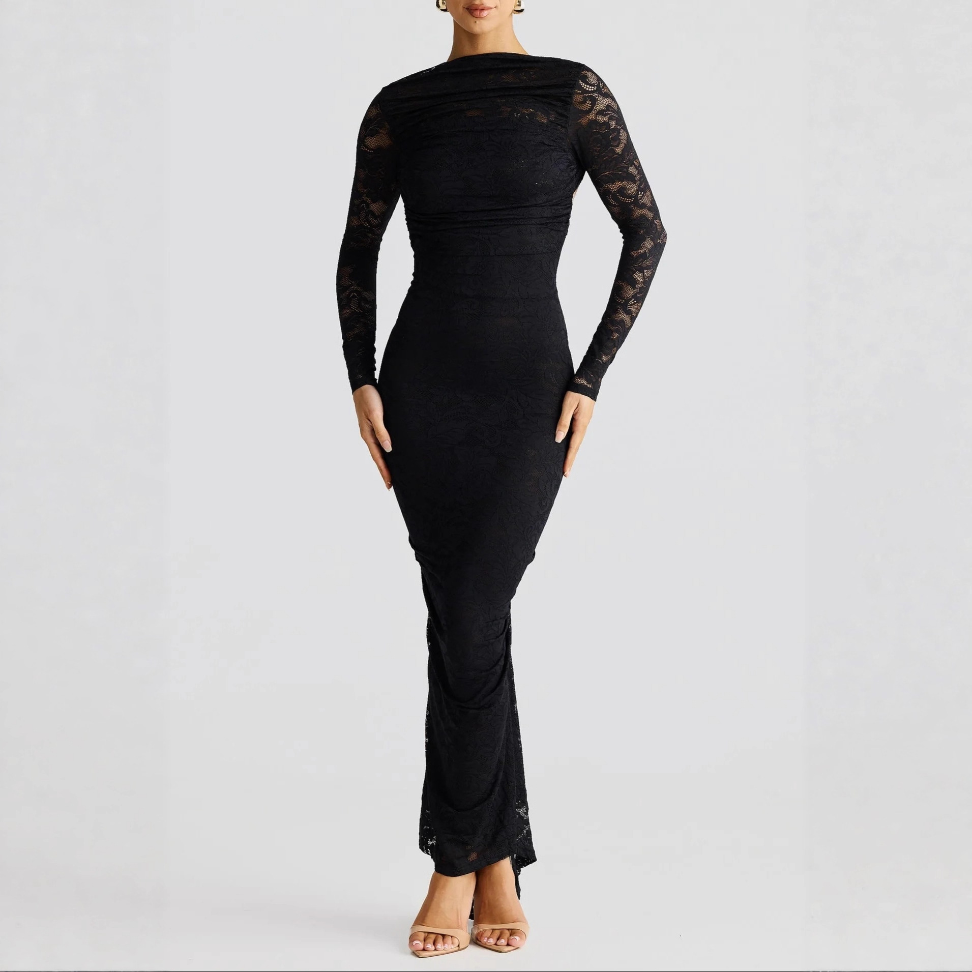 Sheer Lace Long Sleeve Open Back Bodycon Maxi Dress