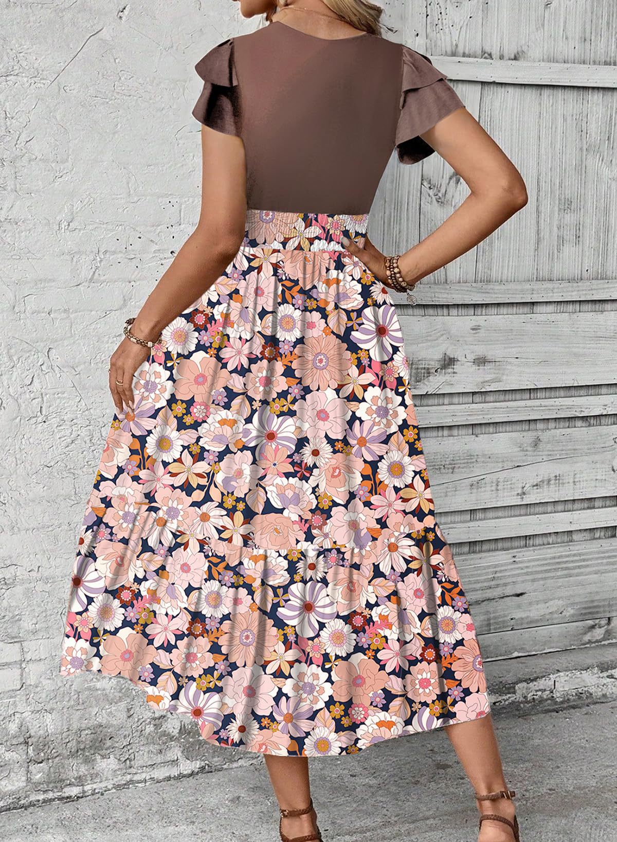 Floral Print Round Neck Maxi Dress Boho Vacation Elegant