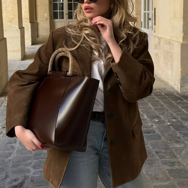 Women's Faux Suede Blazer Jacket Solid Color Long Sleeve