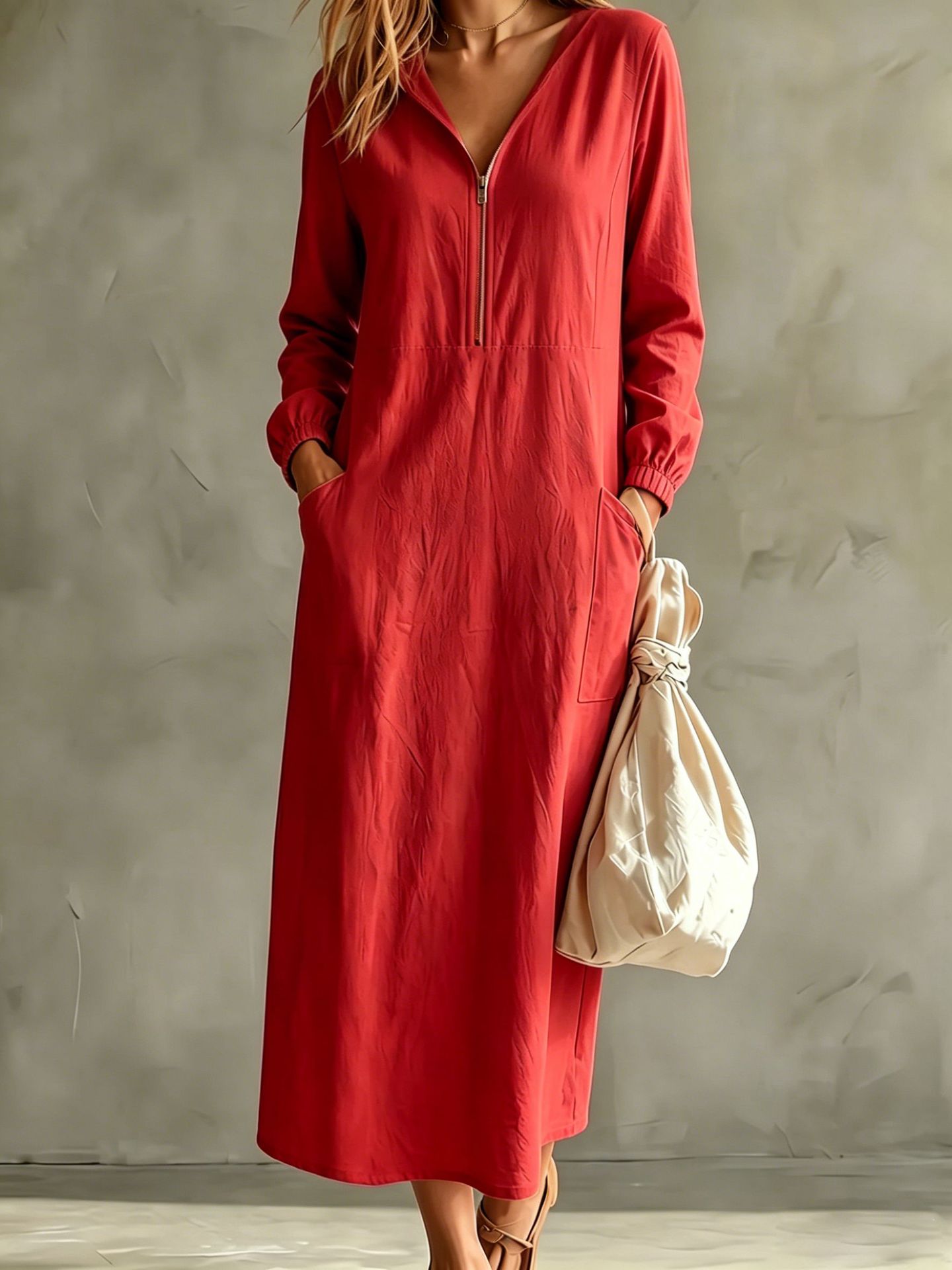 Hooded Half-Zip Cotton-Linen Long Sleeve Dress with Cuffed Sleeves