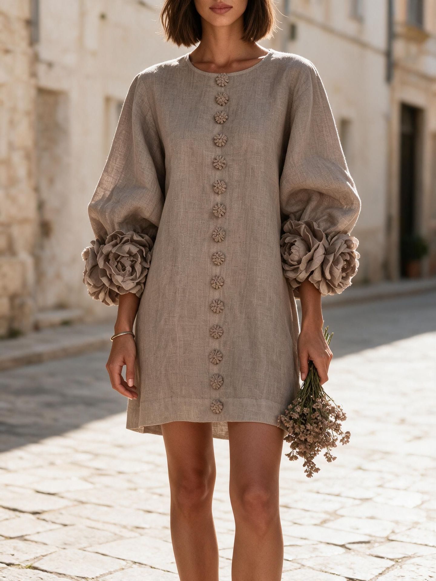 French 3D Floral Lantern Sleeve Dress