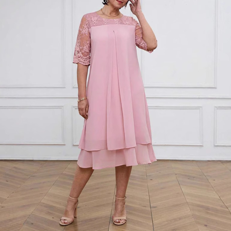 Elegant Solid Lace Half-Sleeve Round-Neck Midi Dress