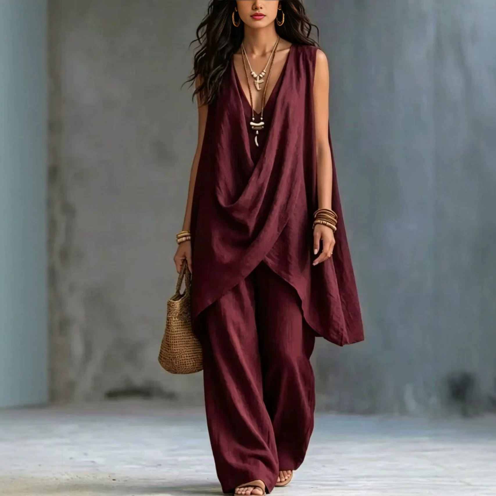 Women's Sleeveless Stand Collar Cotton Linen Two-Piece Set