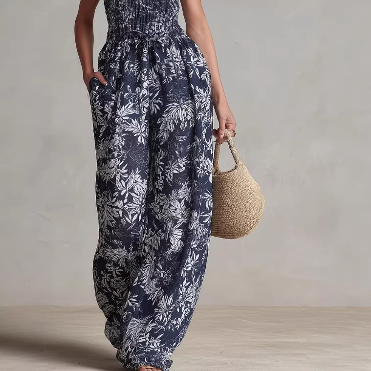 Navy Botanical Print Chiffon Off-Shoulder Jumpsuit with Detachable Straps