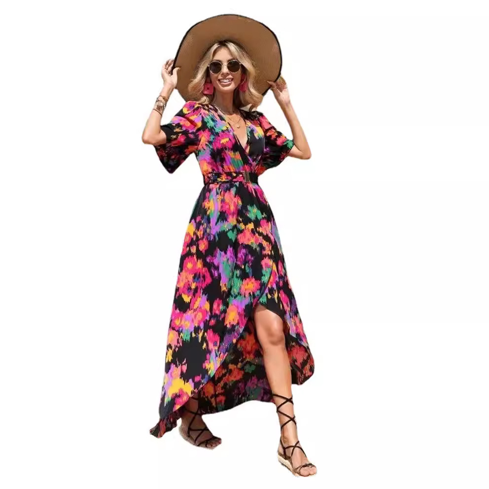 Women's Summer V-Neck Short Sleeve Irregular Hem Beach Dress
