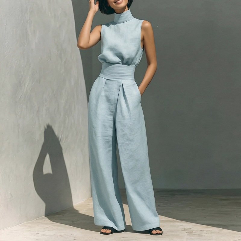 Women's Sleeveless High Neck Top and Straight Leg Pants Casual Set