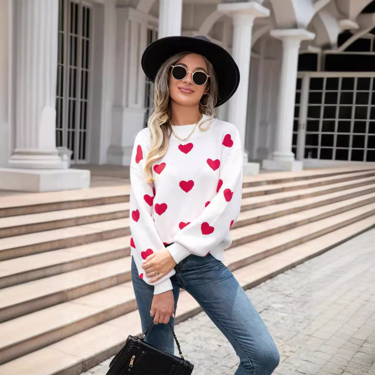 Women's Heart Knit Sweater Crew Neck Long Sleeve Pullover