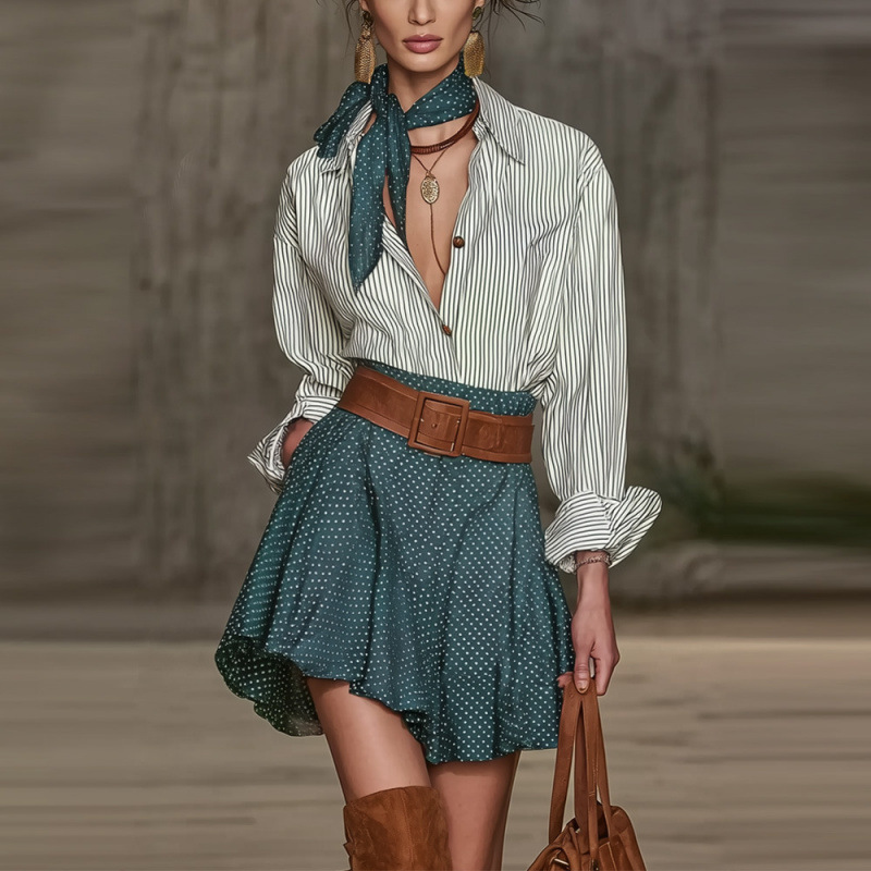 Colorblock Retro Shirt & Skirt Set with Ribbon Detail